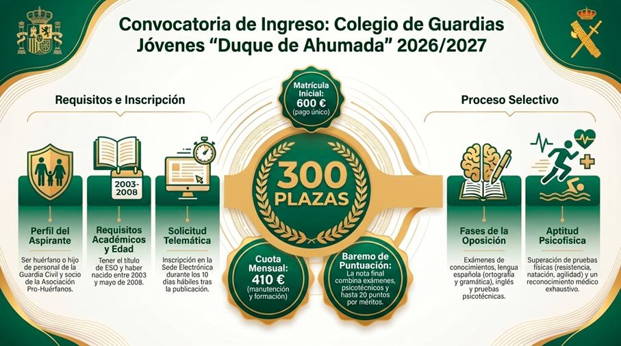 Infografía de la convocatoria del Colegio de Guardias Jóvenes 2026 2027