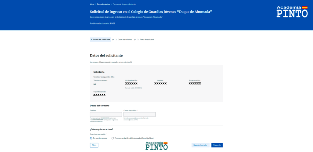Formulario de datos del solicitante en la inscripción al Colegio de Guardias Jóvenes 2026