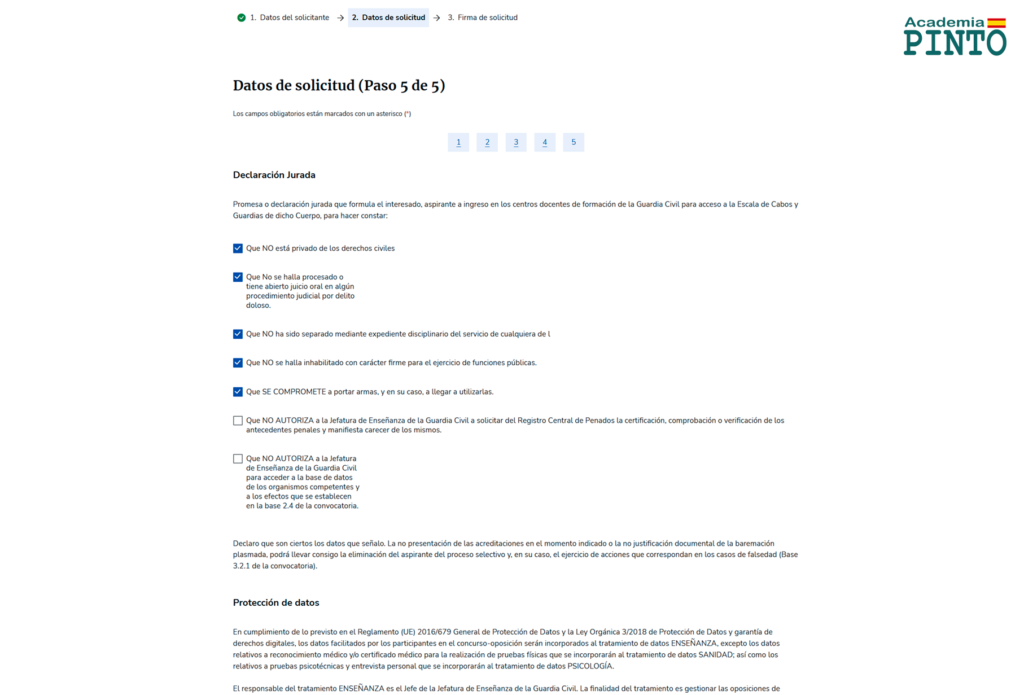 Declaración jurada en la solicitud del Colegio de Guardias Jóvenes 2026