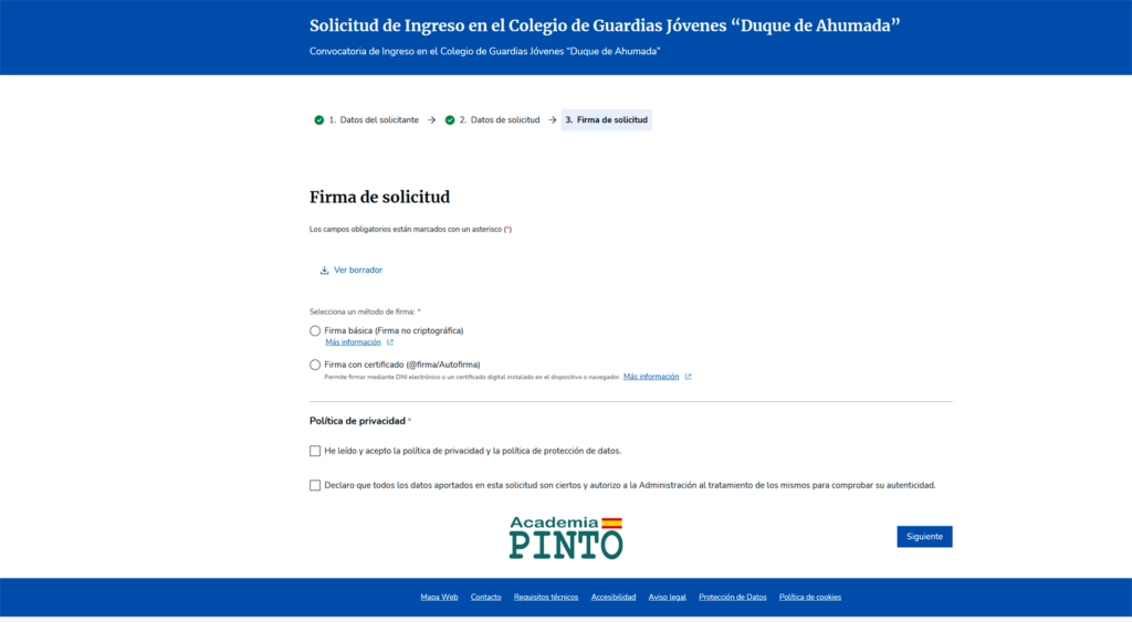 Pantalla de firma electrónica de la solicitud para el Colegio de Guardias Jóvenes