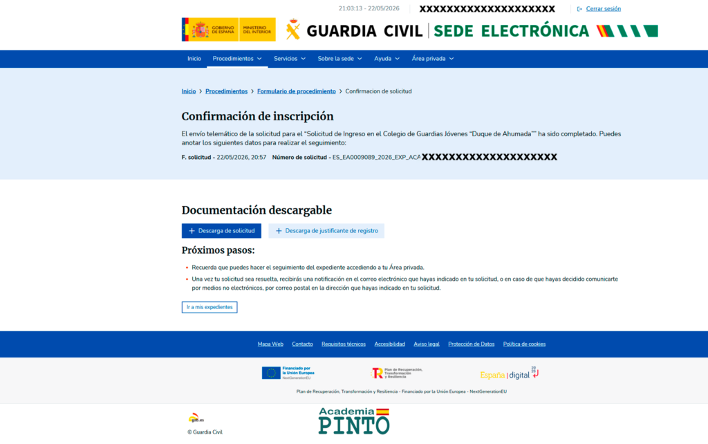 Confirmación de inscripción completada en el Colegio de Guardias Jóvenes 2026